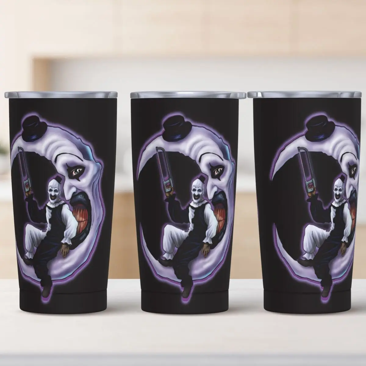 Terrifier Clown Moon Tumbler Hot Drinks Water Bottle Leakproof Stainless Steel Thermal Cups Custom Camping Car Mugs