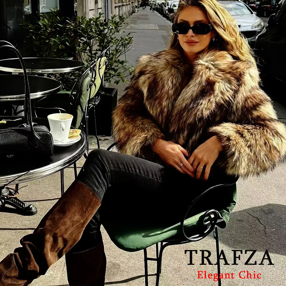 TRAFZA-Women Winter Solid Faux Fur Coat Jacket Big Lapel Coat New 2024 Autumn Winter Fashion Slouchy Vintage High Street Coat