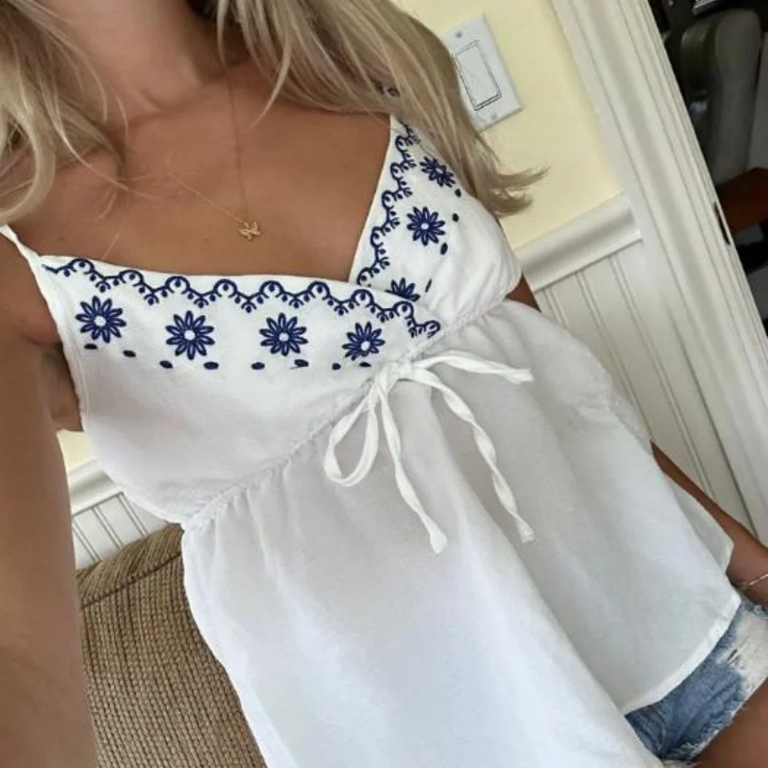 Summer women's sexy white V-neck bow knitted patch embroidered camisole women's shirt casual chic top