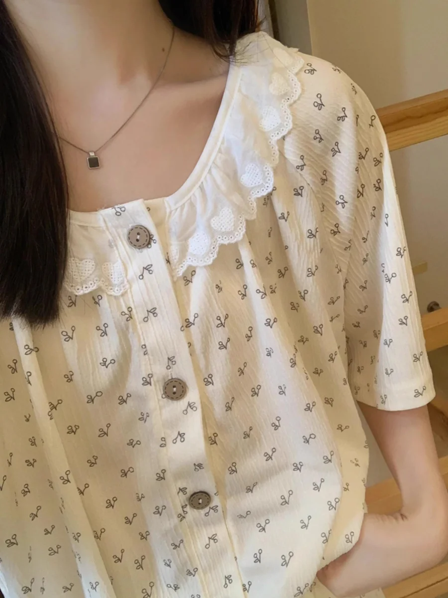 

Sweet Sle Korean Floral Print Cotton Pajamas Set ort Sve round Ne ort Pants Summer Home Clothes for Women