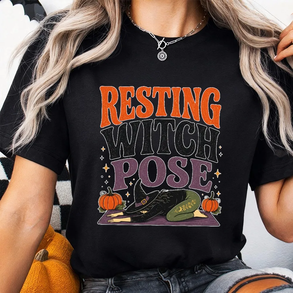 Resting Witch Pose Halloween Graphic Print Casual Unisex Cotton T Shirt Yoga Pose Funny Witchy Aesthetic Tops Women Streetwear