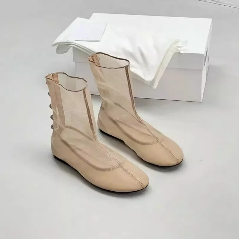 

Fashion Designer Round Mesh Breathable Short Boots Women Buckle Design Flat Ankle Botas Ladies Versatile Leisure Vacation Shoes