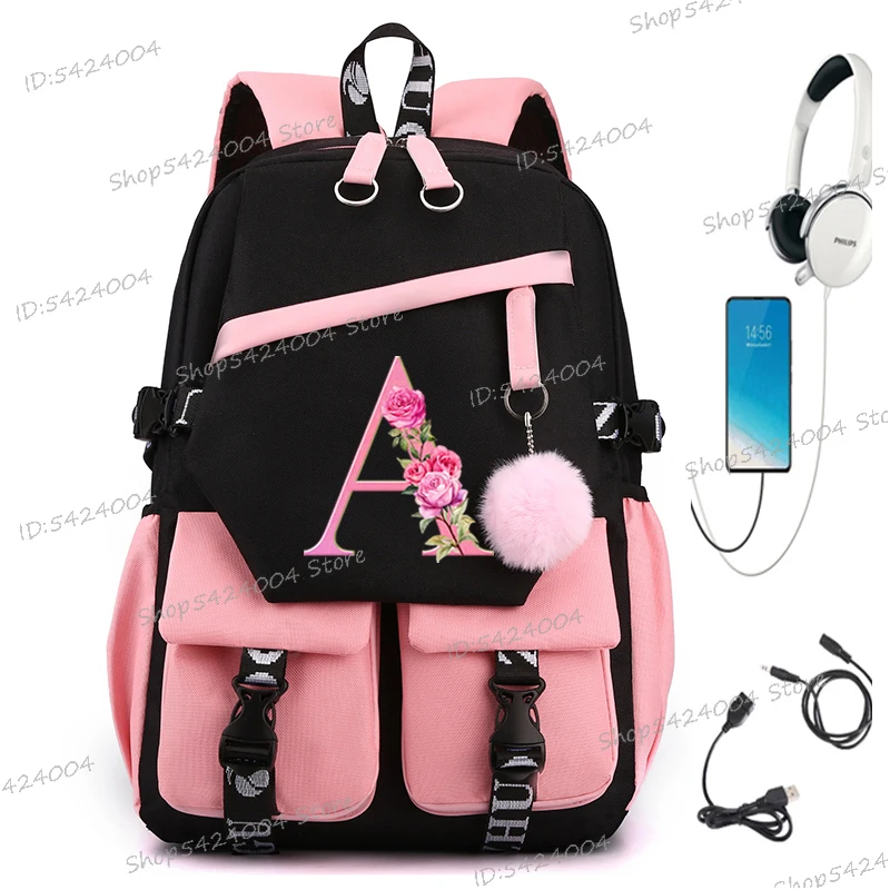 26 Initials Flower School Bags for Teenage Girls Pink Flower Alphabet Cute Gift Students Bookbag Letters A B C D Travel Bagpack