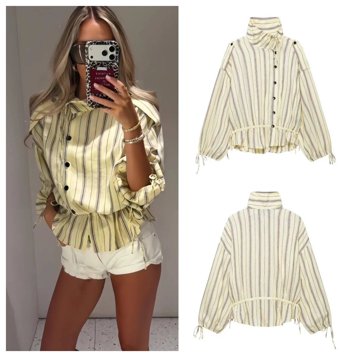 Guobioziy 2026 Women's Striped Stand Collar Jacket Detachable Shoulder Button Jacket Drawstring Hem Long Sleeve Casual Jacket