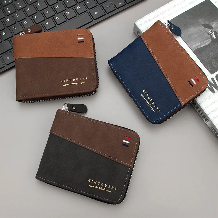 Men's splicing color anti-slip zipper wallet short coin pocket anti-theft multi-function thin PU men's business wallet