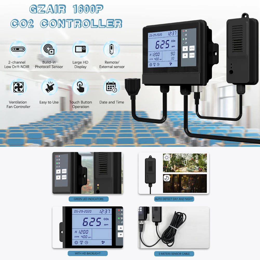 Yieryi CO2 Controller 1600P-F With NDIR Sensor Adjustable Ventilation Fan Touch Button Remote Operation For Warehouse Factory