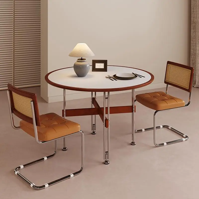 Meja makan batu alam abad pertengahan, meja bundar kayu solid retro, rumah tangga apartemen kecil, mewah ringan, kreatif minimalis, stainless steel