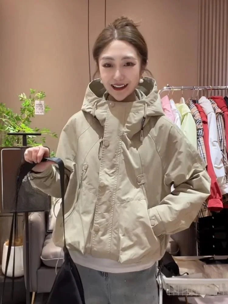 Stylish Women's Long Sleeve Hooded Jacket Spring Autumn Zipper Pocket Loose Baseball Style Windbreaker Outerwear Coat