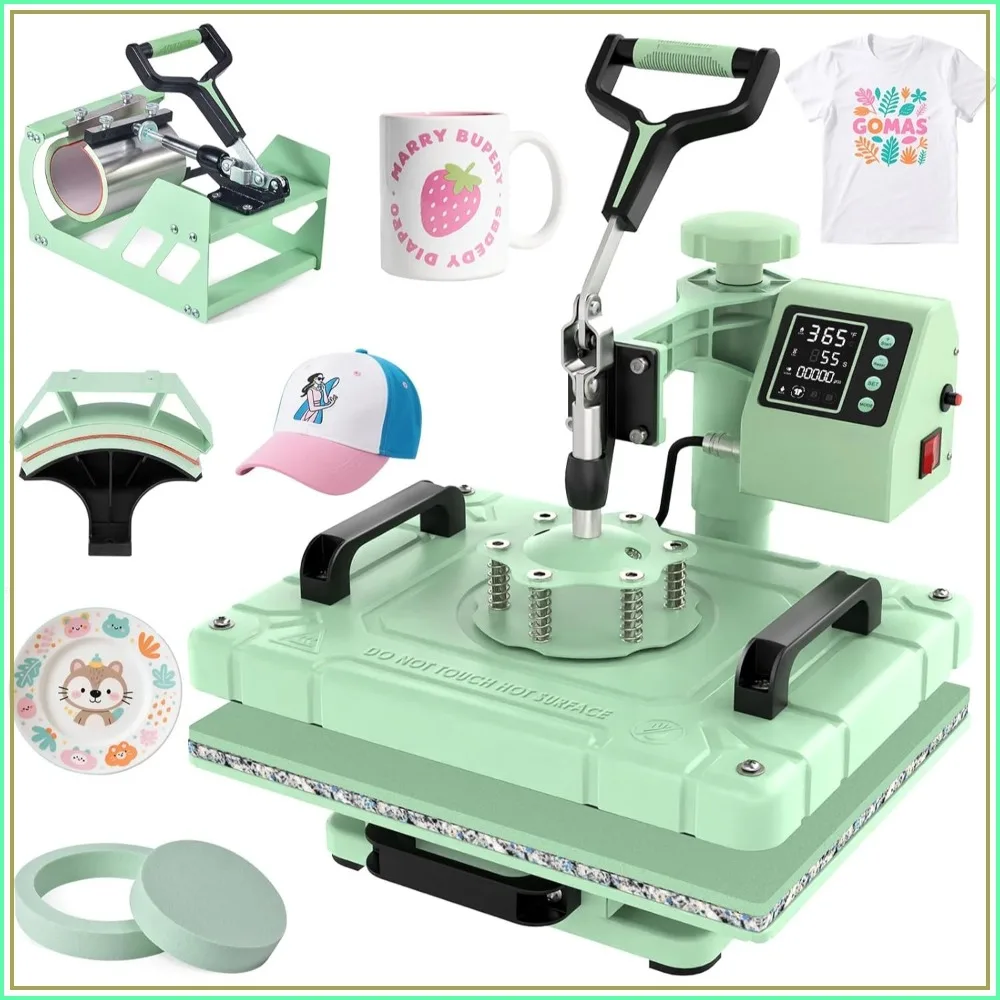 Prensa térmica giratoria 5 en 1 de 360 grados, 12x15 pulgadas, multifunción para sublimación de camisetas, tazas, gorras, platos, verde