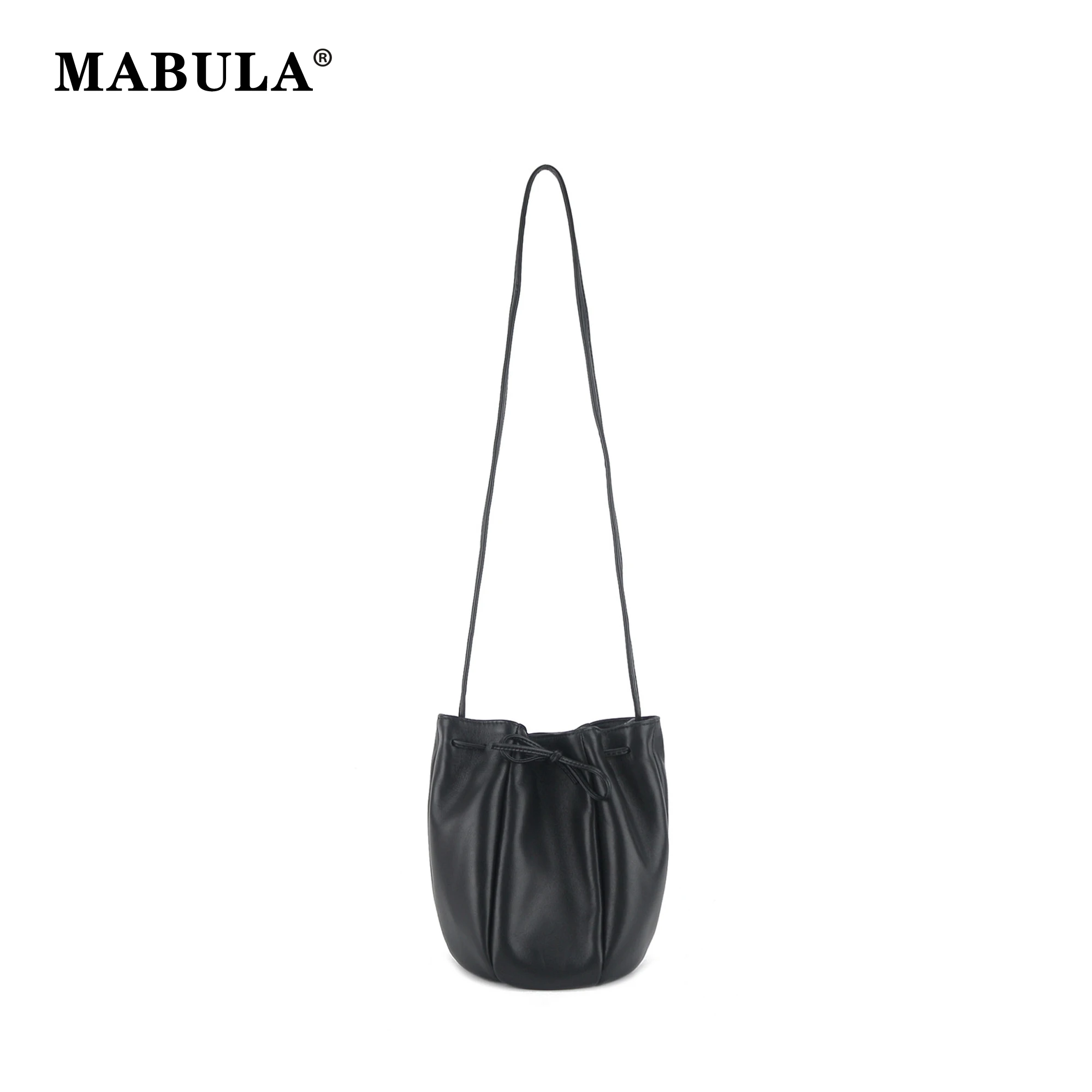 

MABULA Genuine Cow Leather Crossbody Bucket Pouch Drawstring Hasp Design Trendy Summer Shoulder Shopping Lady Simple Phone Purse
