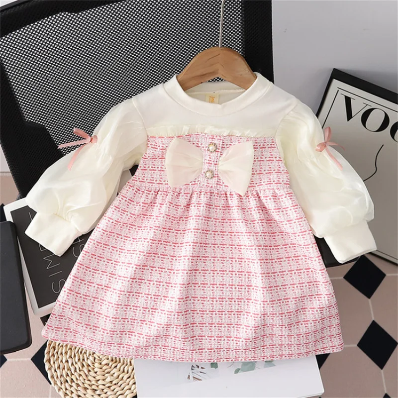 

Girls' Sweet Two-Piece Dress Set with Stylish Bowknot Plaid Lace Strap Dress Spring and Autumn Outfit Trend
