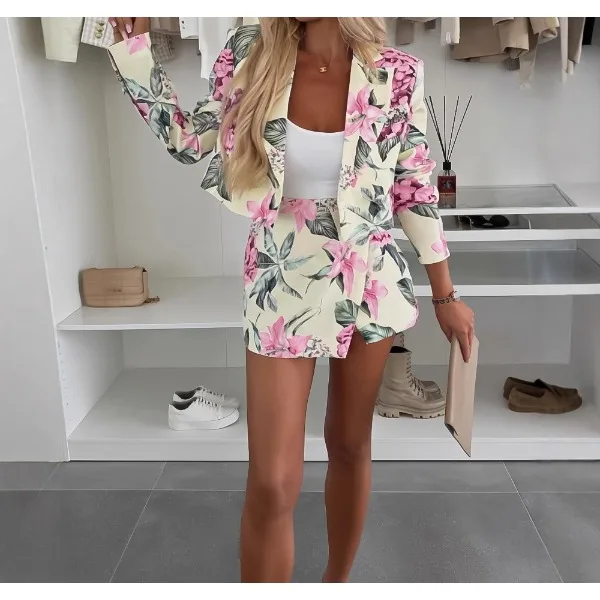 Casual Long Sleeve Slim Two-piece Set Women Elegant Flower Print Commuter Fashion Lapel Collar Blazer Coat & Short Skirt Outfit