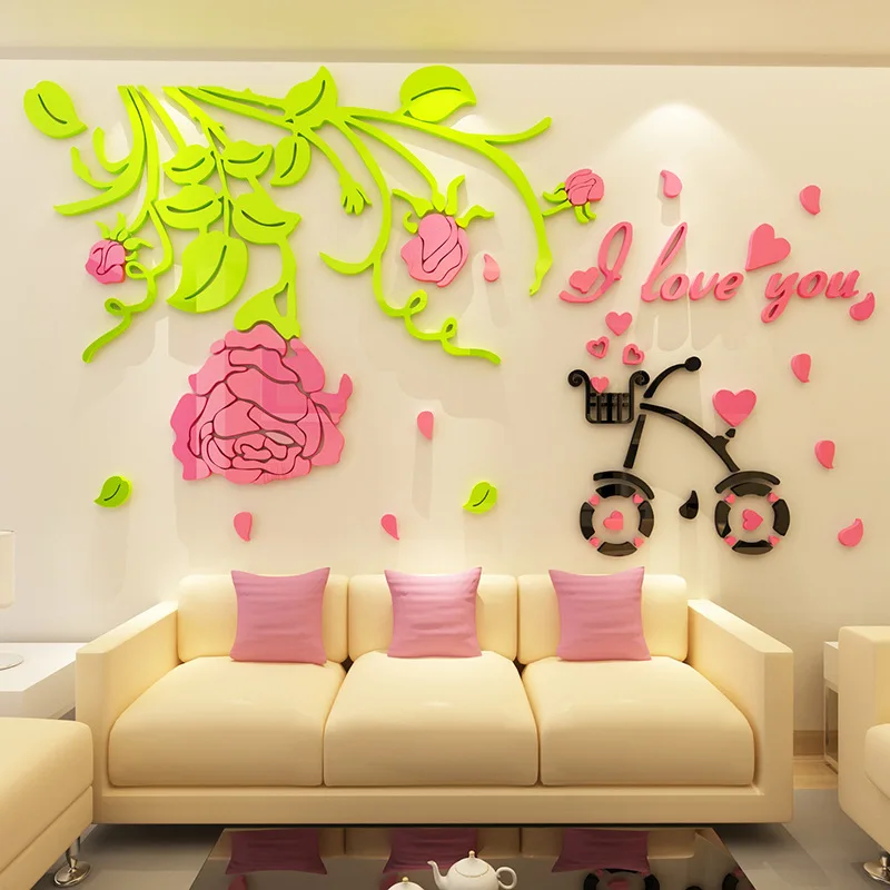 Rose bicycle Acrylic 3D wall sticker Children's Room Nursery Window Glass Door Wall Sticker Bedroom Living Room roof decoration