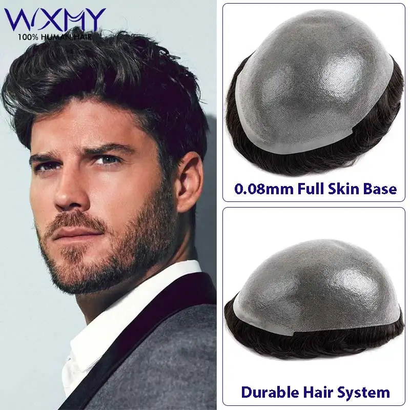 Clearance Strong Double Knots 0.08mm Full Skin Male Hair Prosthesis Natural Human Hair Men's Wigs Toupee Men Capillary Systems