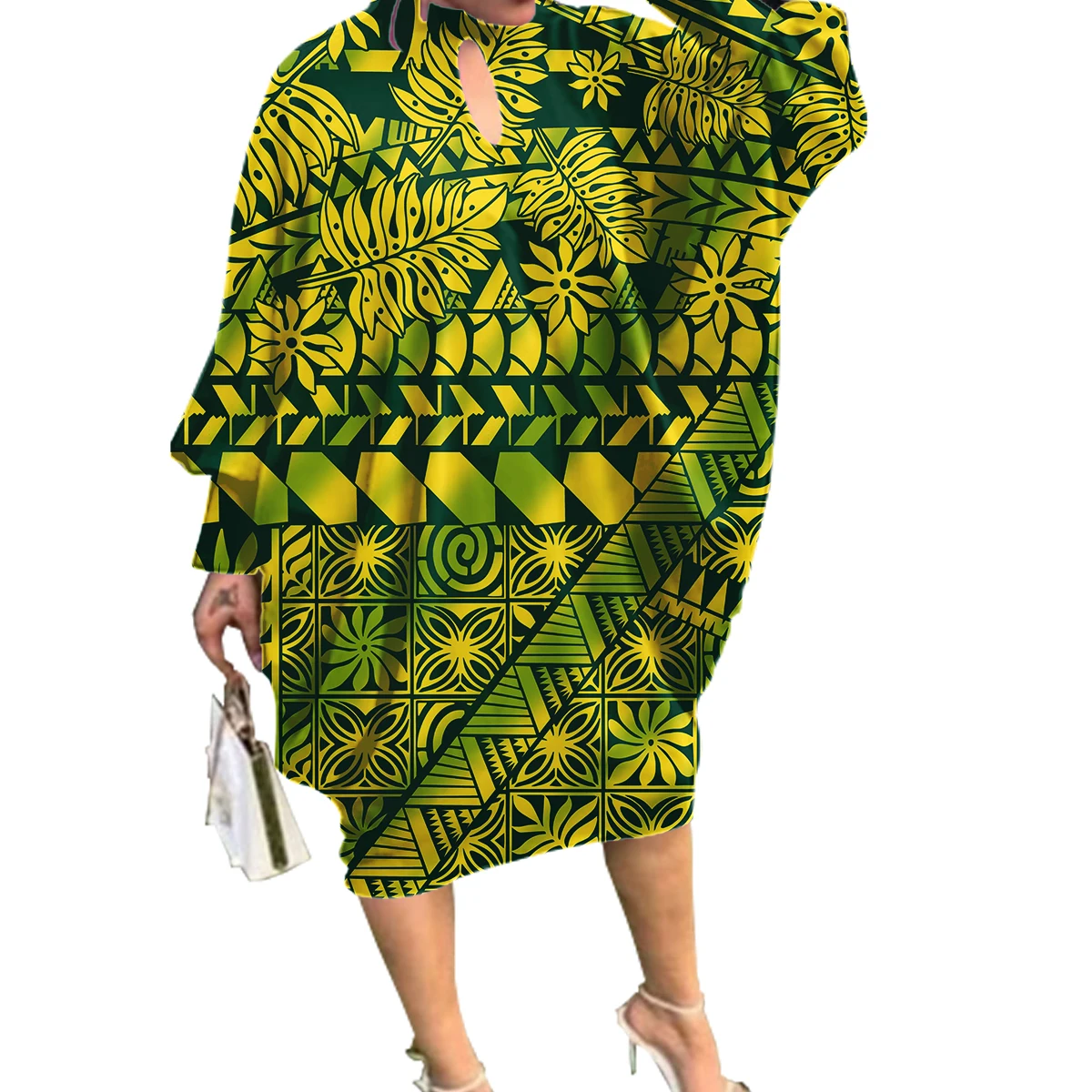 

Pacific Island Tribal Design Floral Hawaiian Dresses Women Pocket Loose O-neck Polynesian Clothing Samoan Puletasi Dress