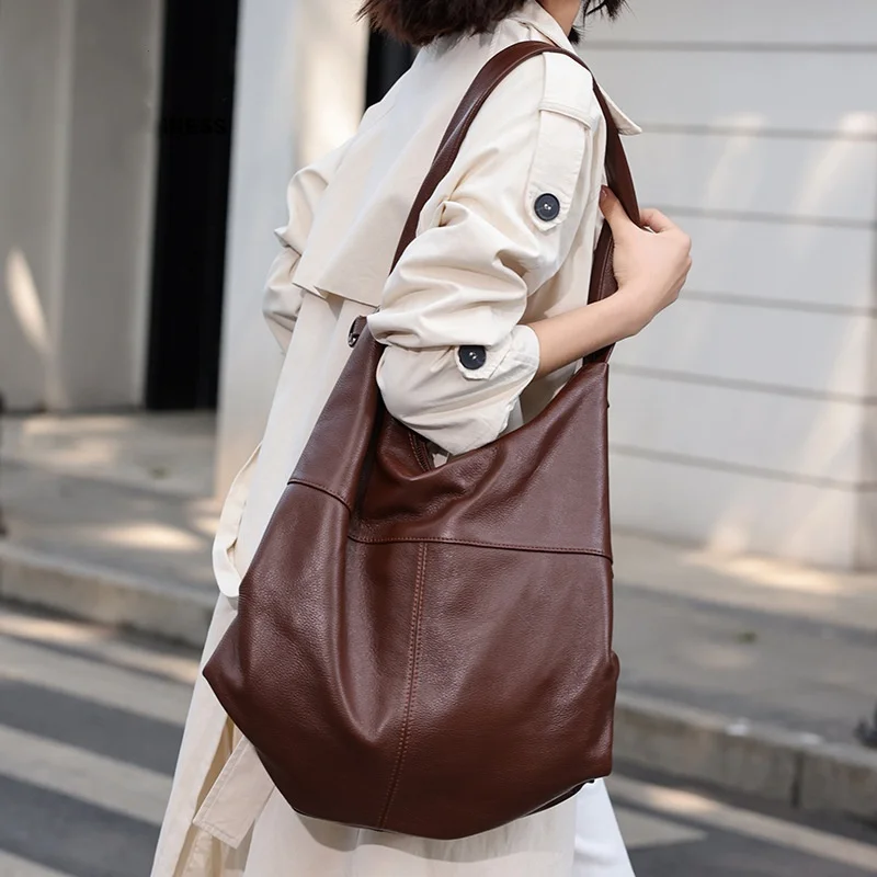 Vintage Large Capacity Tote Bag Handbags For Women 2024 Trend Soft Genuine Leather Underarm Shoulder Bag Shopper Crossbody Bags