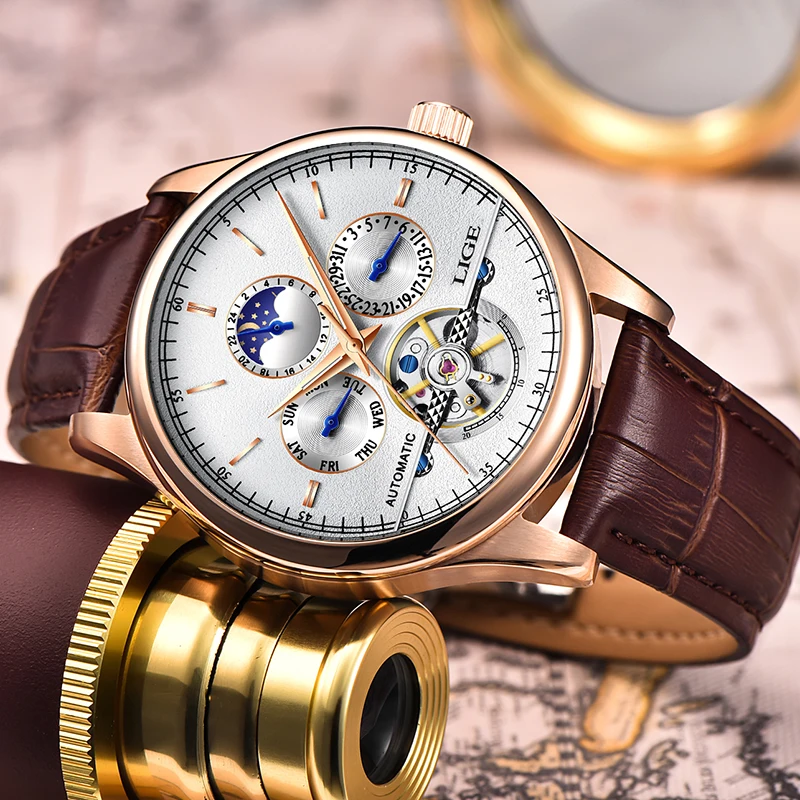 Relojes LIGE 2024 para Hombre, reloj mecánico automático Tourbillon, reloj deportivo de cuero, reloj de pulsera Retro informal de negocios, Relojes