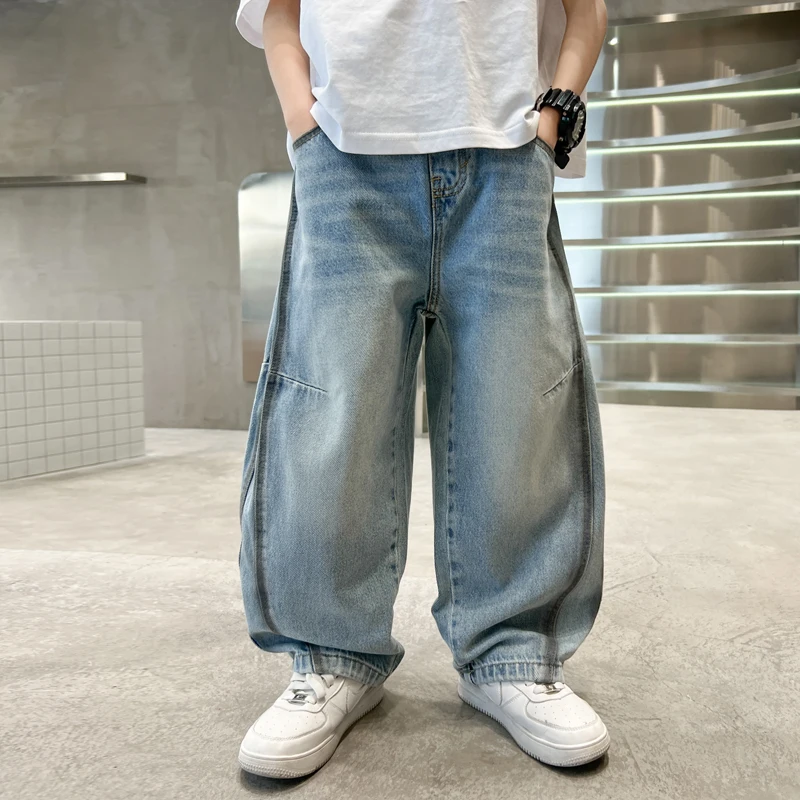 

Kids Child Classic Design Basic Wide Leg Baggy Jeans with Side Stripe for Teens Boy Fashion Casual Distressed Blue Denim Pants