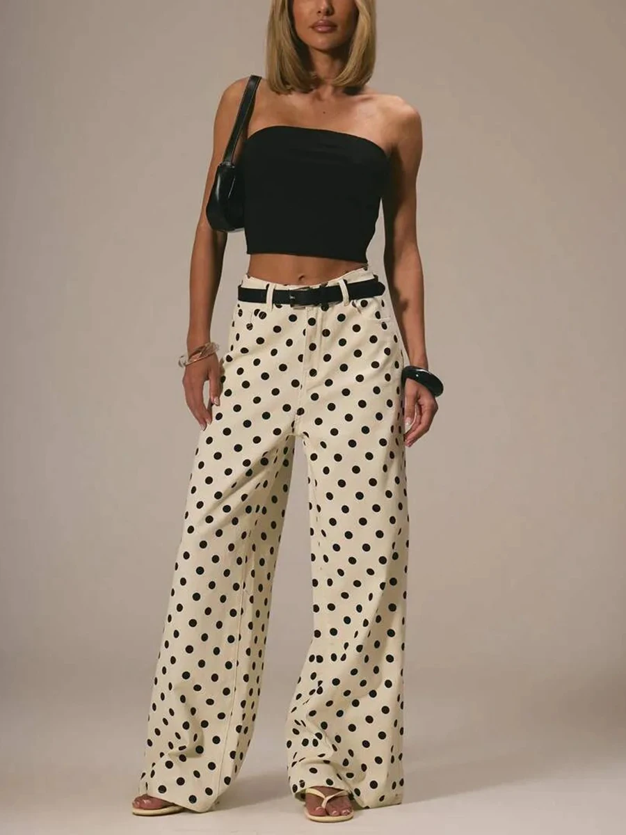 Women Pink Polka Dot Wide Leg Jeans High Waist Button Zipper Contrast Stitch Casual Streetwear Women's Denim Trousers Bottoms