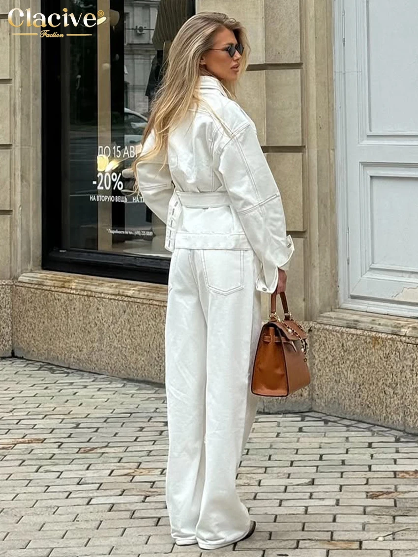 Clacive Fashion Loose White Woman 2 Piece Set Outfit 2026 Elegant Long Sleeve Shirt With High Waist Wide Pants Set Streetwear