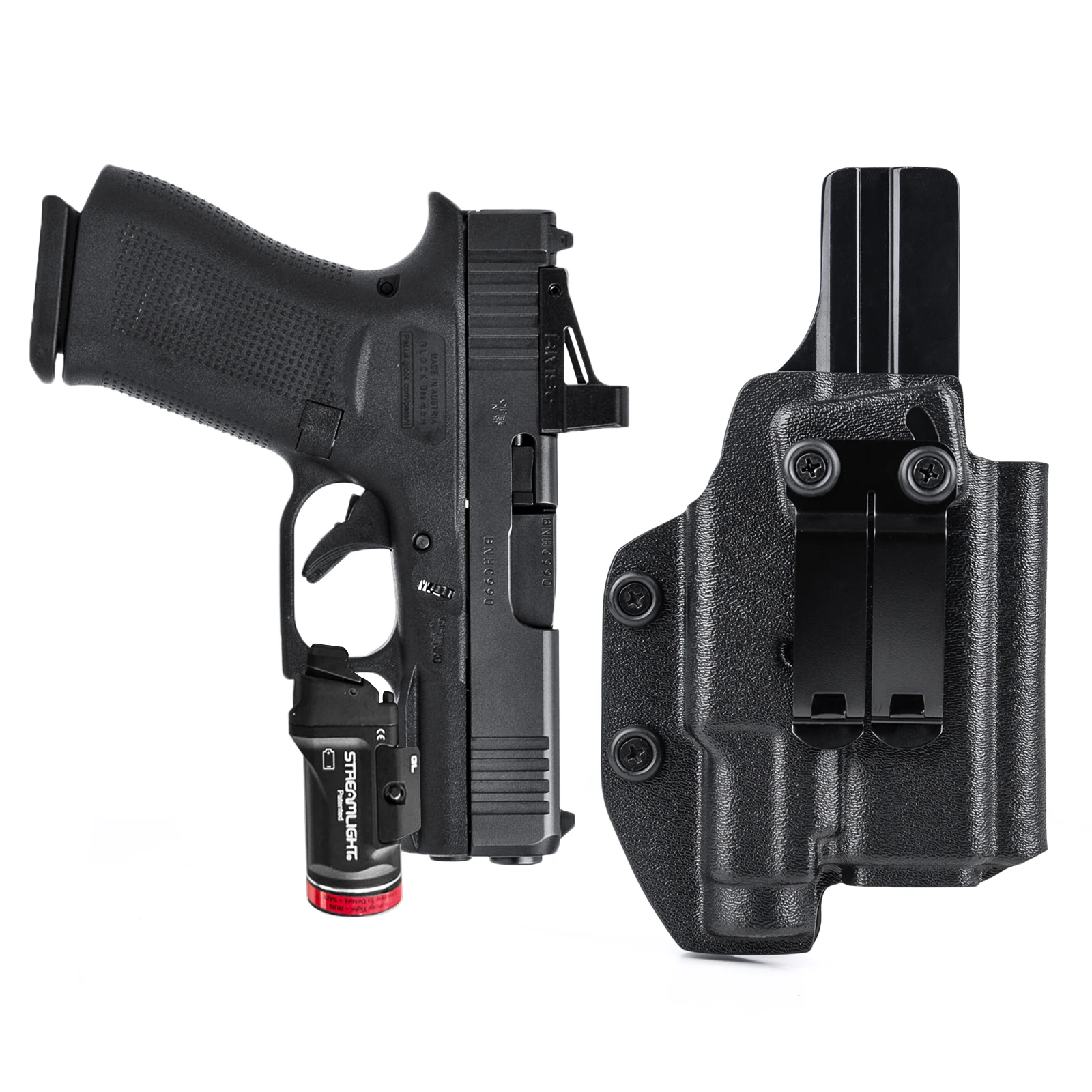 Kabura IWB Kydex do noszenia ukrytego, przeznaczona dla pistoletów Glock 43x i 48, model MOS G43x 48, z montażem na szynę i wbudowaną latarką Streamlight TLR 7. Akcesoria do broni.