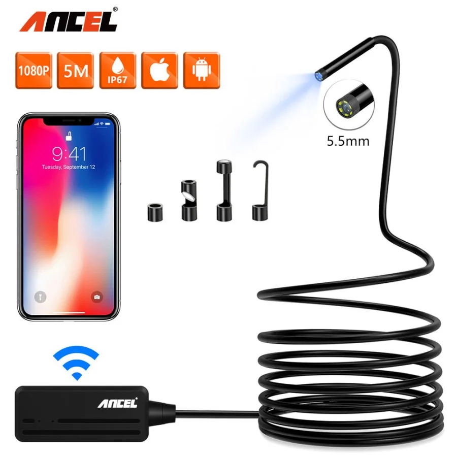 

ANCEL WIFI 5.5mm Endoscope HD Inspection Camera IP67 Waterproof Borescope 1080P 6500K Scanner For Android IOS PC HD 5 Meter ﻿