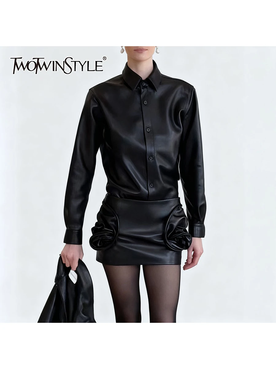 

TWOTWINSTYLE Solid Slimming Leather Two Piece Sets for Women Lapel Long Sleeve Top High Waist Spliced 3D Flower Skirt Set Female