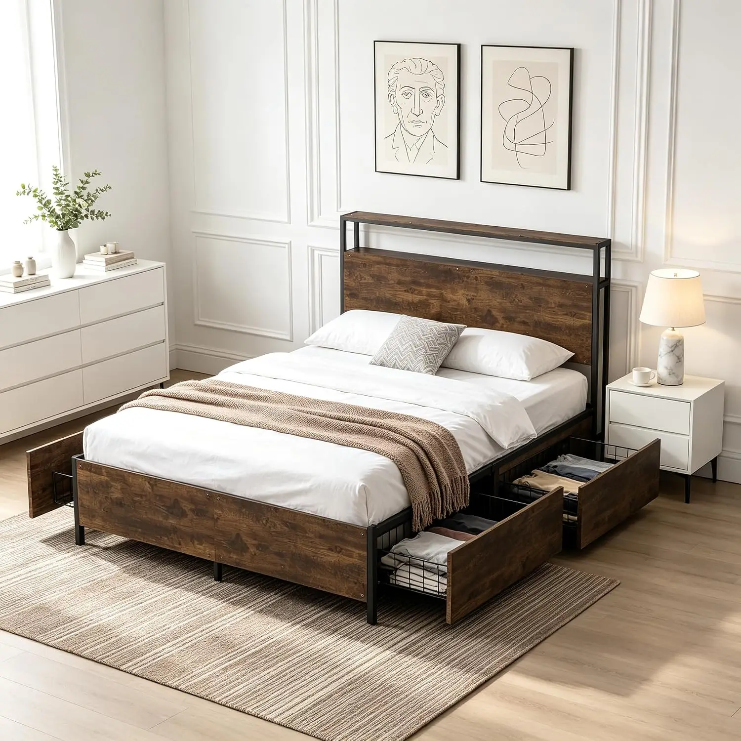 14 Inch Queen Metal Platform Bed Frame with Storage Headboard Footboard & 4 Drawers No Box Spring Black Brown, Customized