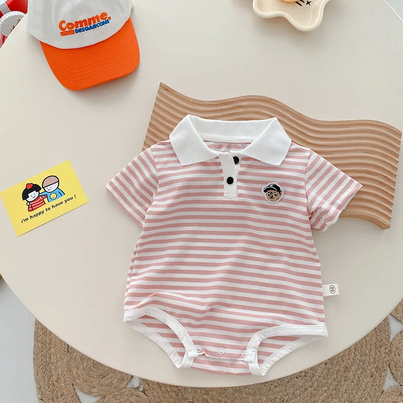 Summer Newborn Baby Boy Clothes Short Sleeve Turn Down Collar Striped Romper Jumpsuit Outfits One-Pieces Suit 0-24M