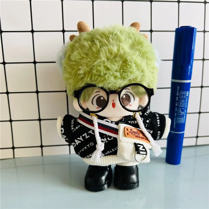 Black10cm Doll Clothes Cartoon Hoodies With cute Hat Cool Glasses Leather Boots for 10cm Plush Cotton Stuffed Dolls Toy