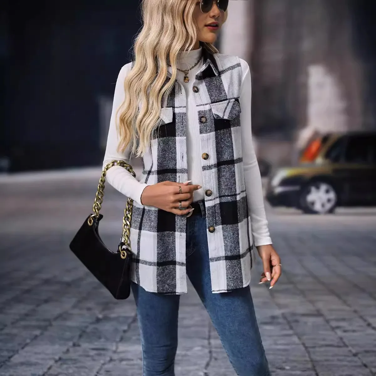 Plaid Loose Fit Vest Streetwear with Shirt Collar Autumn Casual Single Row Multi Button Placket Mid Long Length Women Vest