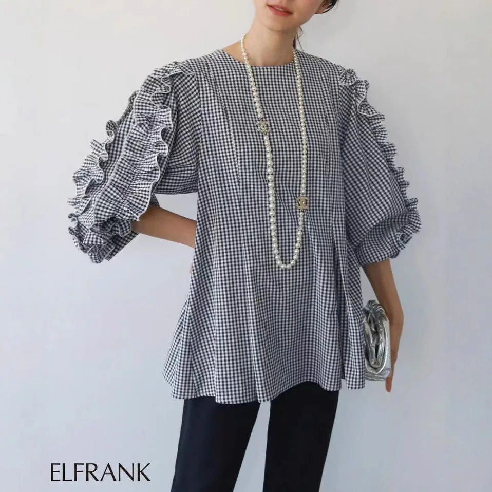 롯데 봄 여름 여성용 달콤한 루즈 라운드 넥 디자인 러플 긴팔 셔츠 탑