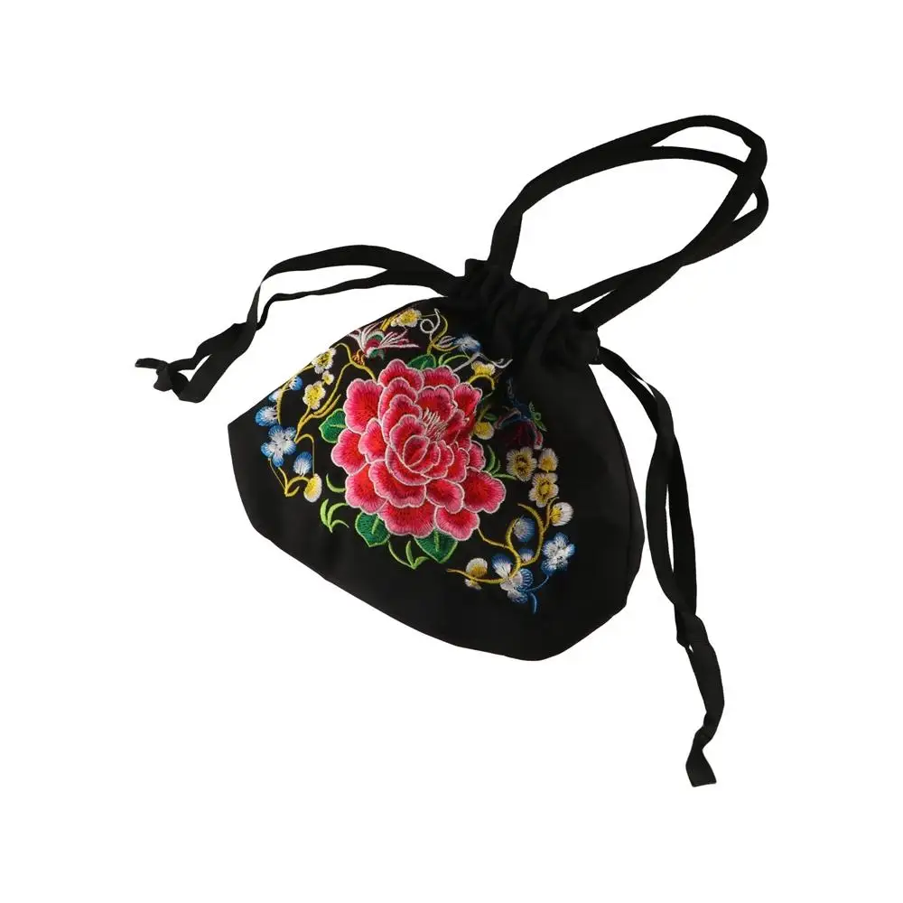 Satin Silk Hanfu Drawstrings Bag Rose Flower Mommy Bag Embroidery Flower Handbag Ethnic Style Lunch Bag Small Purse Wallet