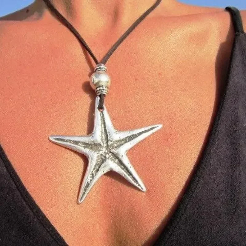 Beach Vacation Exaggerated Starfish Silver Color Metal Pendant Necklaces for Women Trendy Retro Leather Cord Creative Jewelry