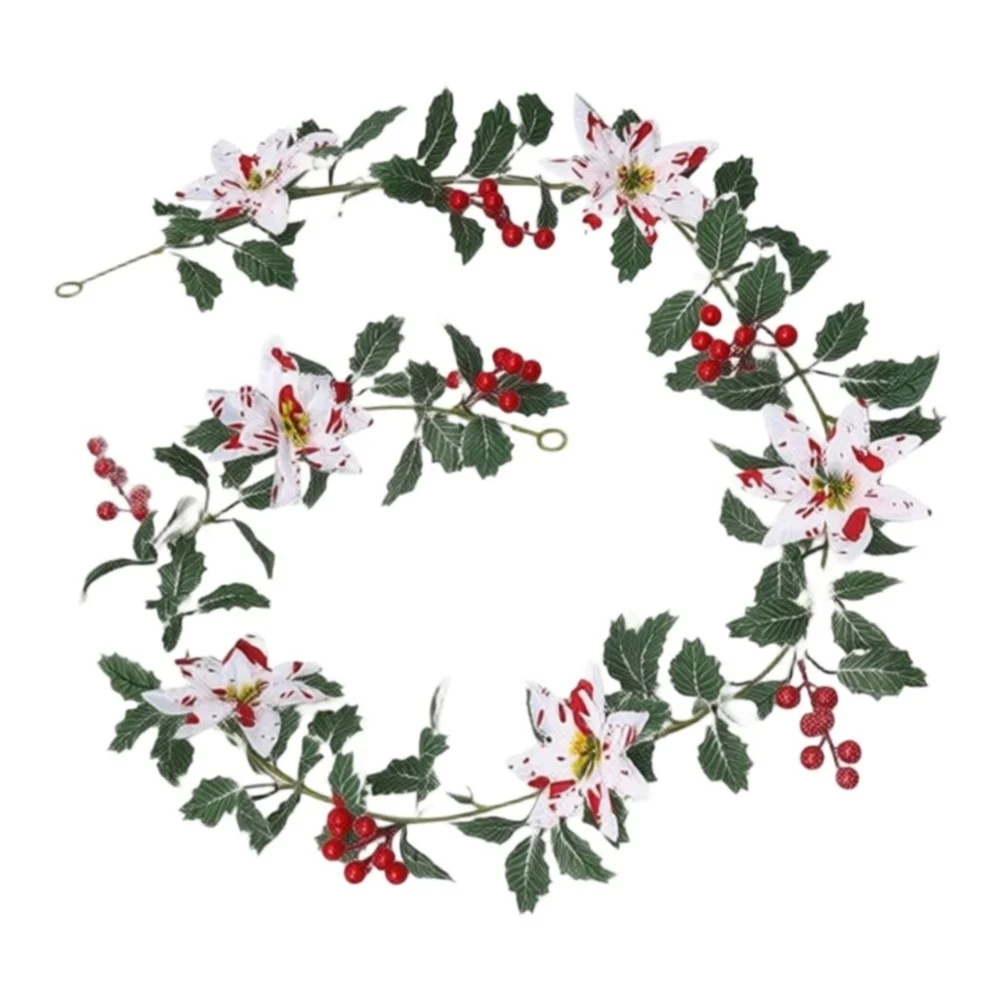 175cm Christmas Poinsettia Garland with Lifelike Red and White Berries for Indoor Holiday Decor Mantel Staircase and Table