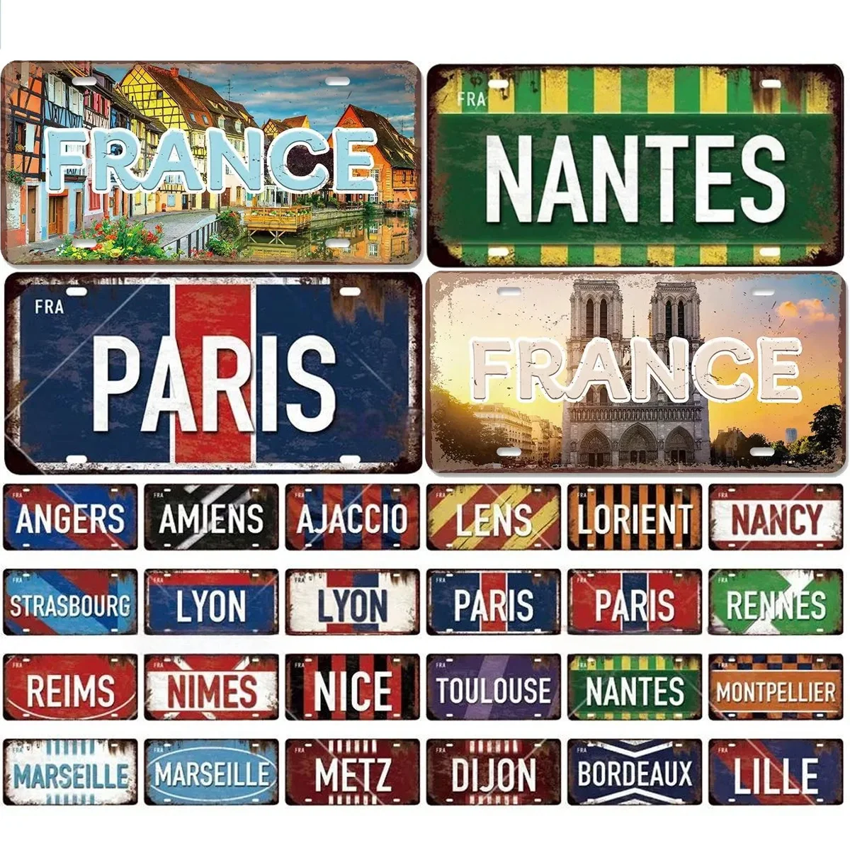 Vintage France City License Plate PARIS LYON MARSEILLE Flag Front Vanity Tag Man Cave Garage Club Bar Cafe Wall Decor