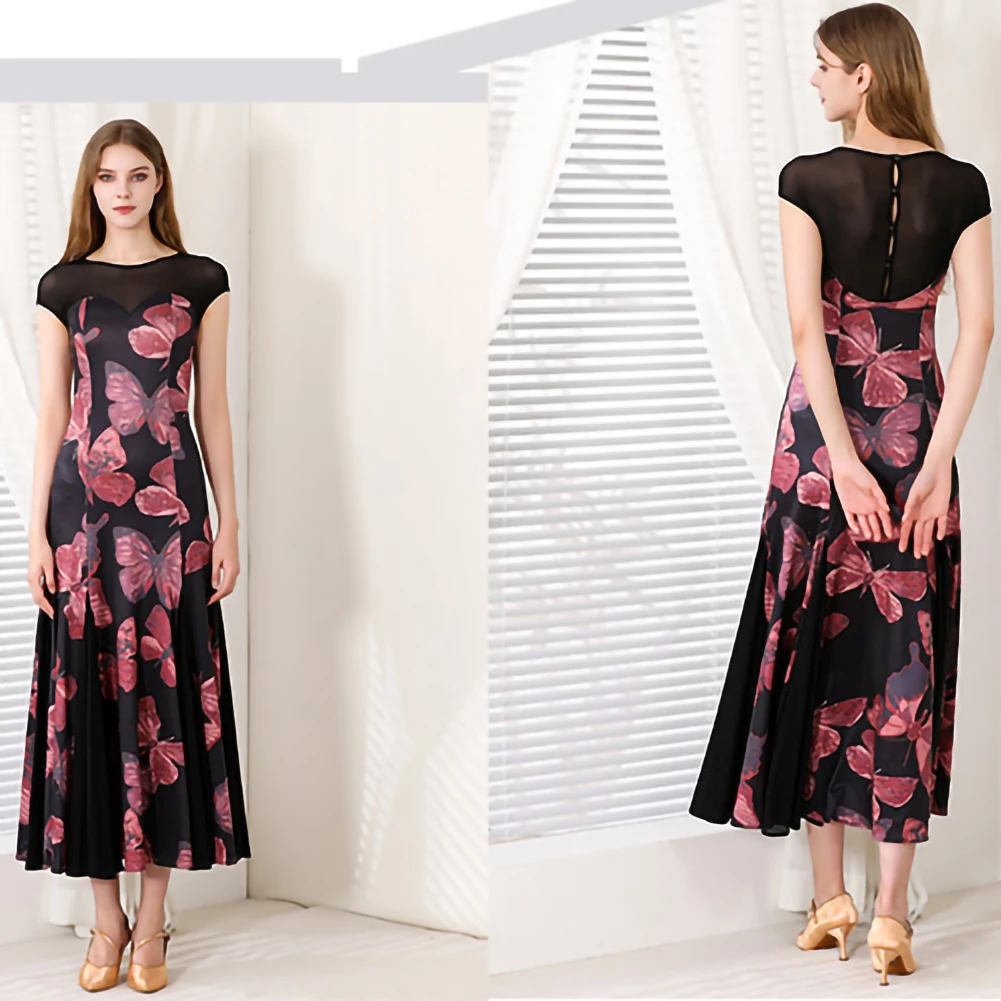

Party Ballroom Competition Sleeveless Waltz Ballroom Dress Round Neck Black Print White Standard Milk Silk Ballroom Costume