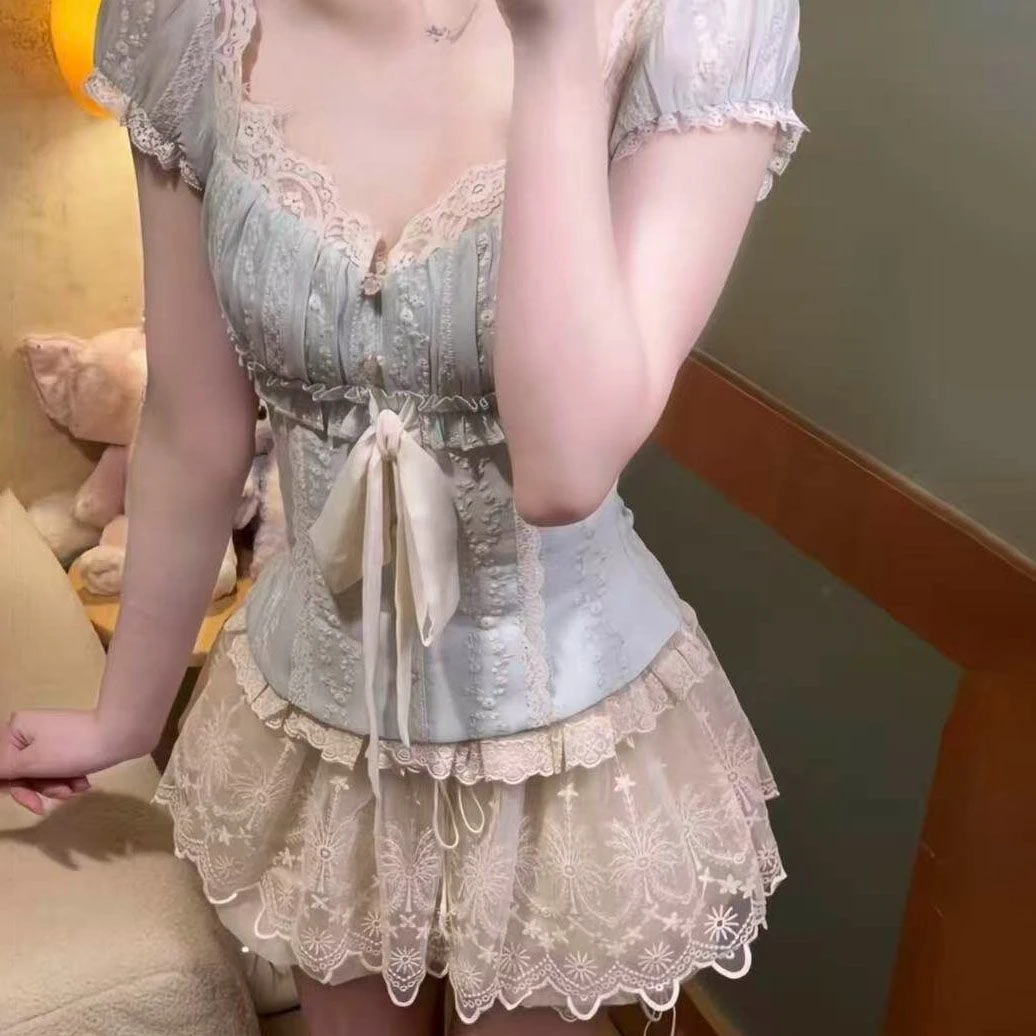 Elegant Lolita Party Skirt Sets Women Japanese Y2K Bandage Slim Style Lace Bow Design Korean Fashion Sweet Suit - view 3
