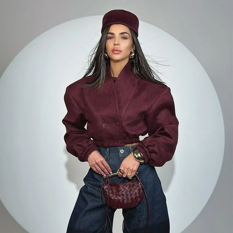 

European American Women's Clothing Jacket Spring New Fashion Wine Red Slimming V-neck Double-breasted Long-sleeved Short Coat