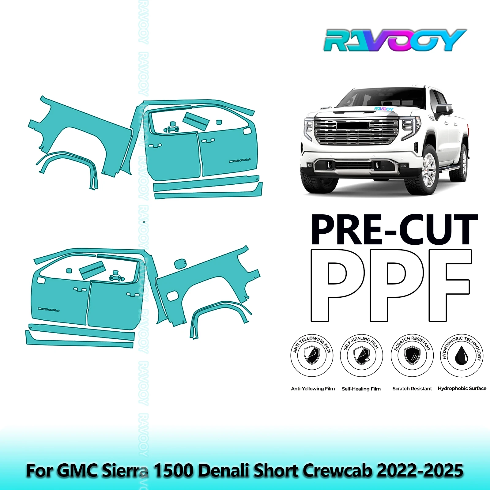 

For GMC Sierra 1500 Denali Short Crewcab 2022-2025 8.5mil Pre-Cut PPF Door & A/B Pillar Kit TPU Paint Protection Film Set