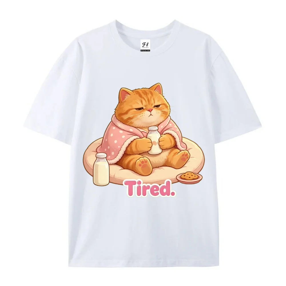 Cute Tired Orange Cat Graphic T-Shirt Funny Milk and Cookie Cartoon Casual Short Sleeve Tee Unisex Gift Top