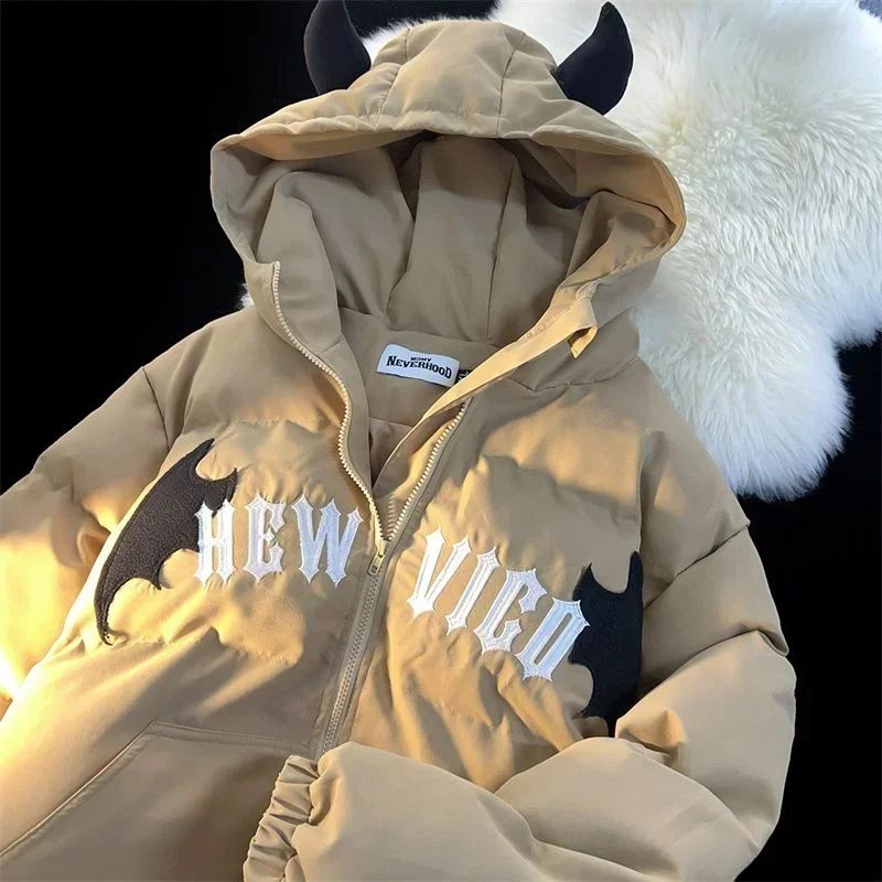 Y2K New Couple Coat Winter Devil Bread Jacket Leisure Hooded Sweater Embroidered Cotton-padded Jacket Winter Coat Winter Women's