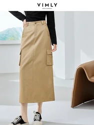 Vimly Autumn Maxi Cargo Skirt for Women 2023 Fall Fashion Casual Khaki Pockets Side Straight Split Hem Woman Long Skirts M2893