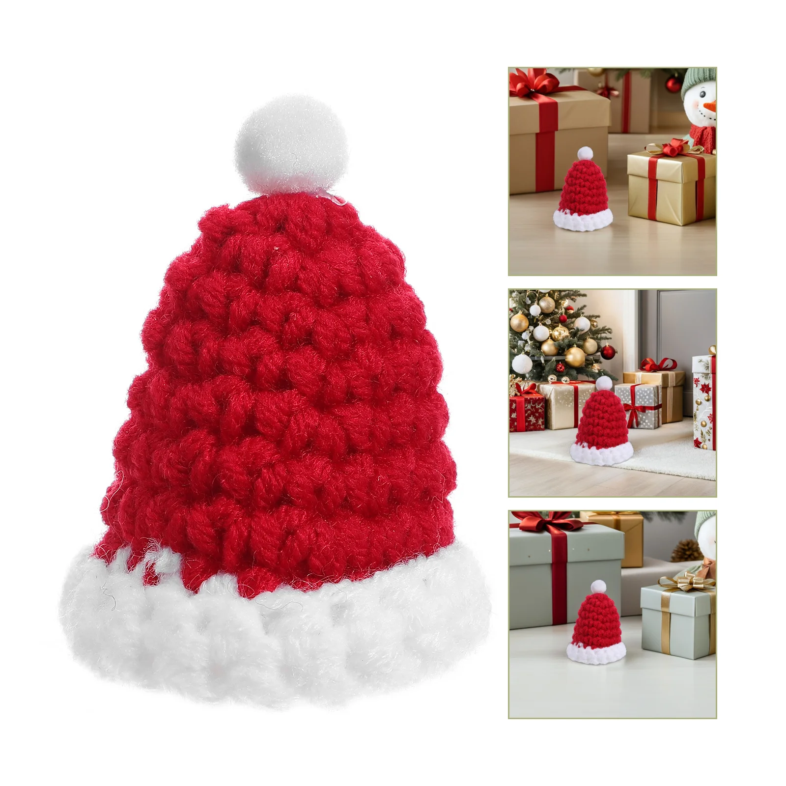 

6Pcs Mini Wool Yarn Christmas Hats Classic Wine Bottle Cover Pom Pom Mini Knit Caps for Holiday Decorations DIY Crafts Ornaments
