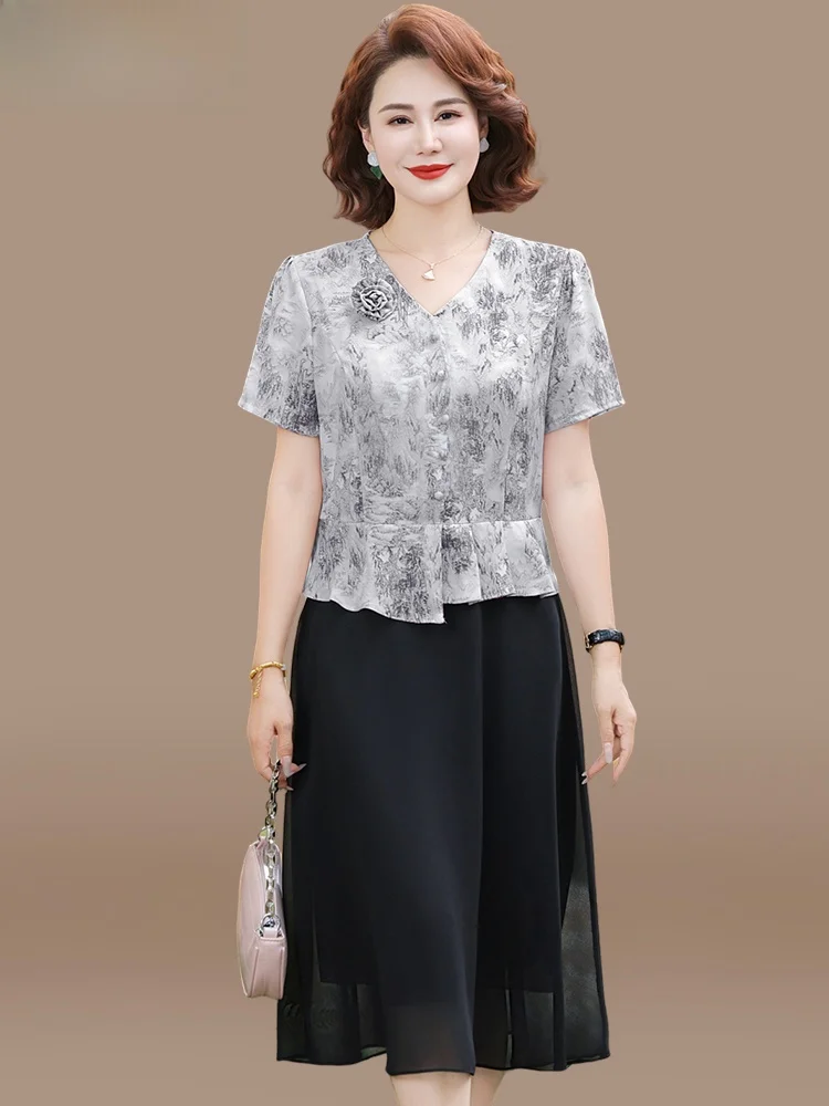 

Young Mom Summer Faionable ang Er Qian Two-Piece Midi Dr Polyester Fiber Loose Fit V-Ne Thin Material Mid-Length Skirt