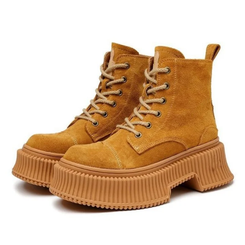 Fashion Short Boots Women New High Quality Suede Round Head Lace up Thick Sole Boots Street Modern Yellow Ankle Boots 35-40