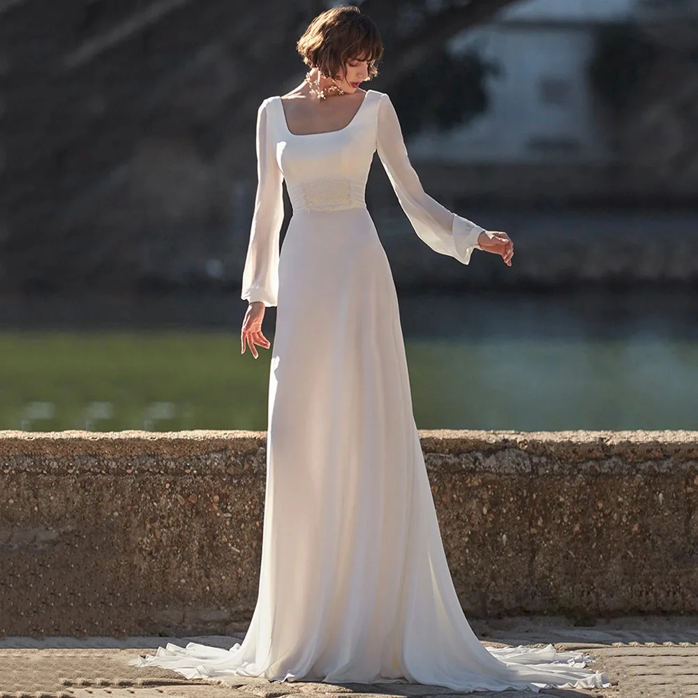 Beach Wedding Dress Customized Square Neck Illusion Back Buttons Puff Sleeves Applique Chiffon Korea Bridal Gown Sweep Train