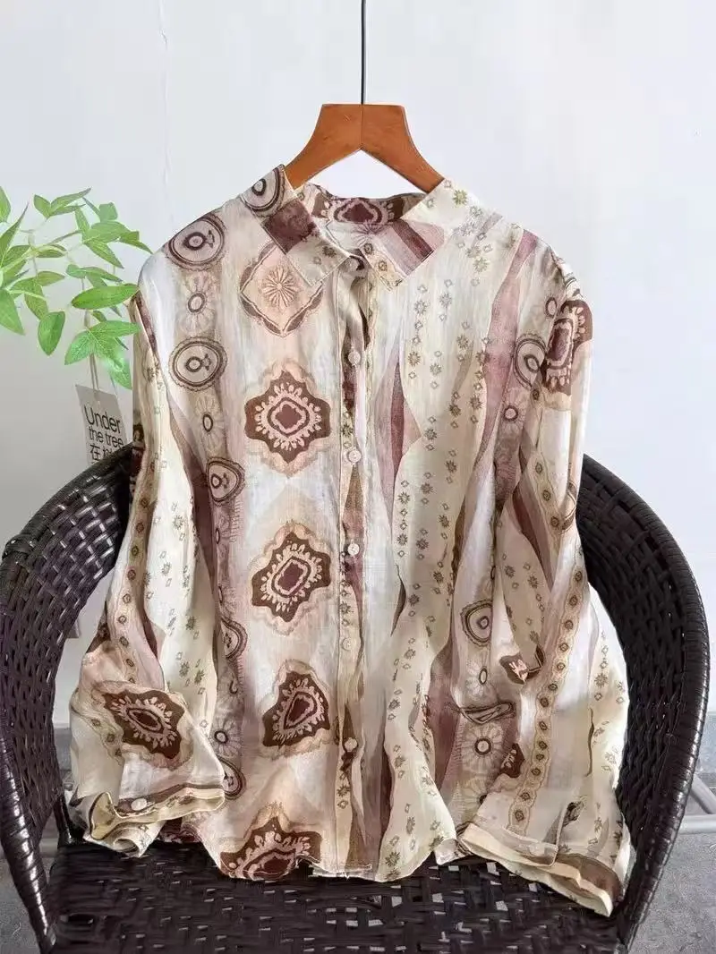 Women's Autumn Ramie Linen Shirt Vintage Paisley Floral Vertical Stripe Print Loose Long Sleeve Blouse for Women