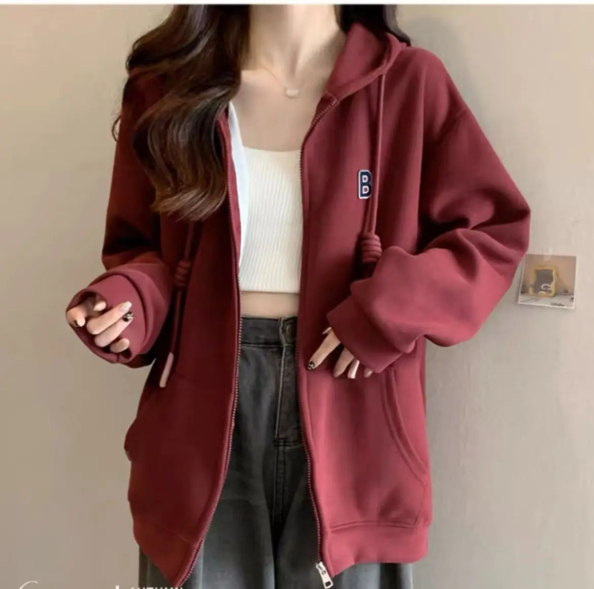 Yasuk Autumn Winter Women Solid Casual Patchwork Letter Drawstring Hooded Cardigan Sweatshirt Loose Student Tees Gentle Blouse