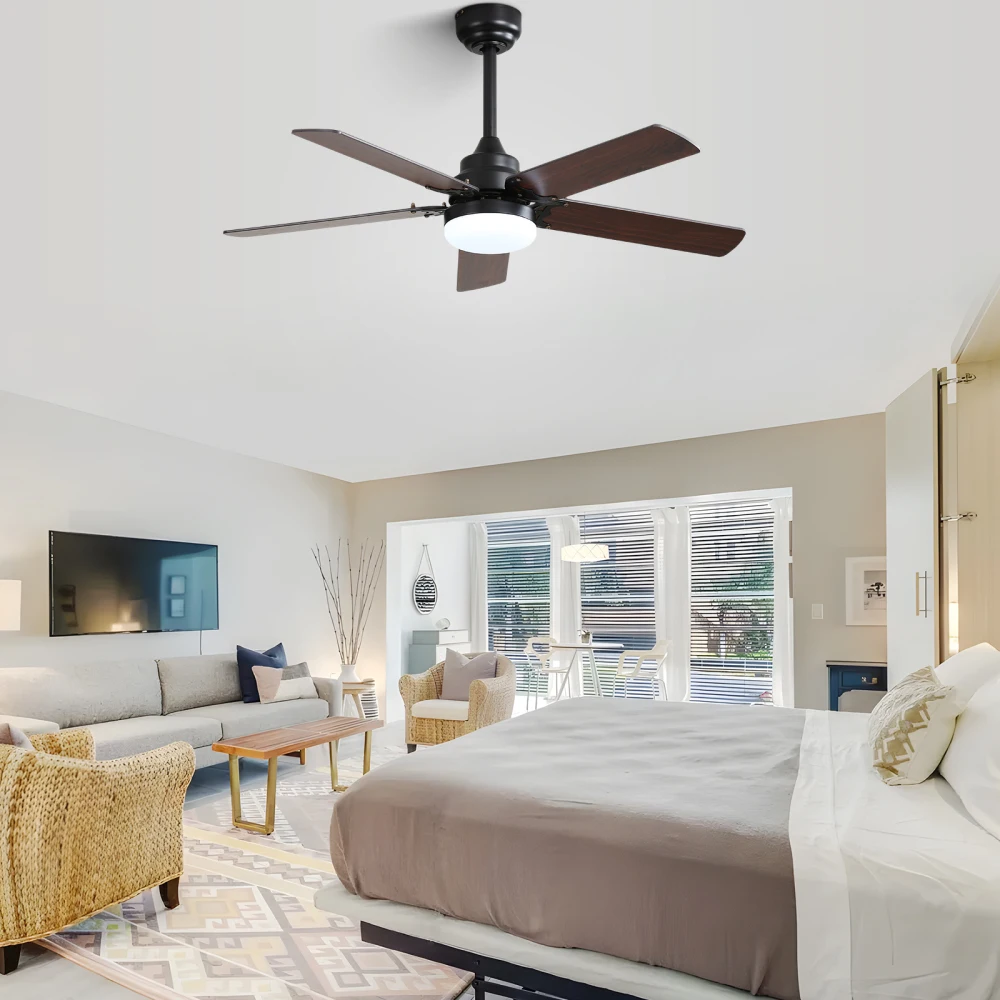 42 Inch Modern Ceiling Fan with LED Light 5 Blades Remote Control Reversible DC Motor Black for Bedroom
